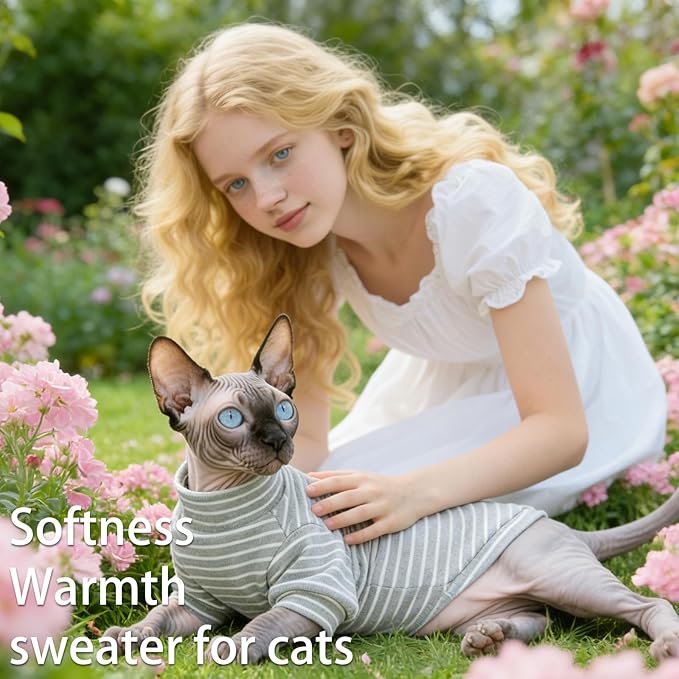 Fleece Sphynx Cat Clothes Soft Hairless Cat Clothes Pullover Cat Sweater for Chihuahua All Season Light and Warm Kitten Cloth for Cats Only Puppy Clothes Small Dog Sweater (Gray Striped, X-Large)