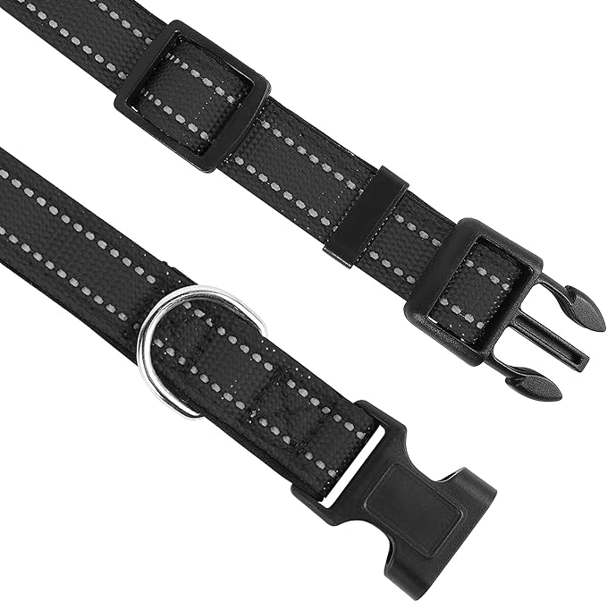 Reflective Dog Collar, Adjustable Soft Neoprene Padded Nylon Pet Collars with Buckle for Extra Large Dogs, Black,XL