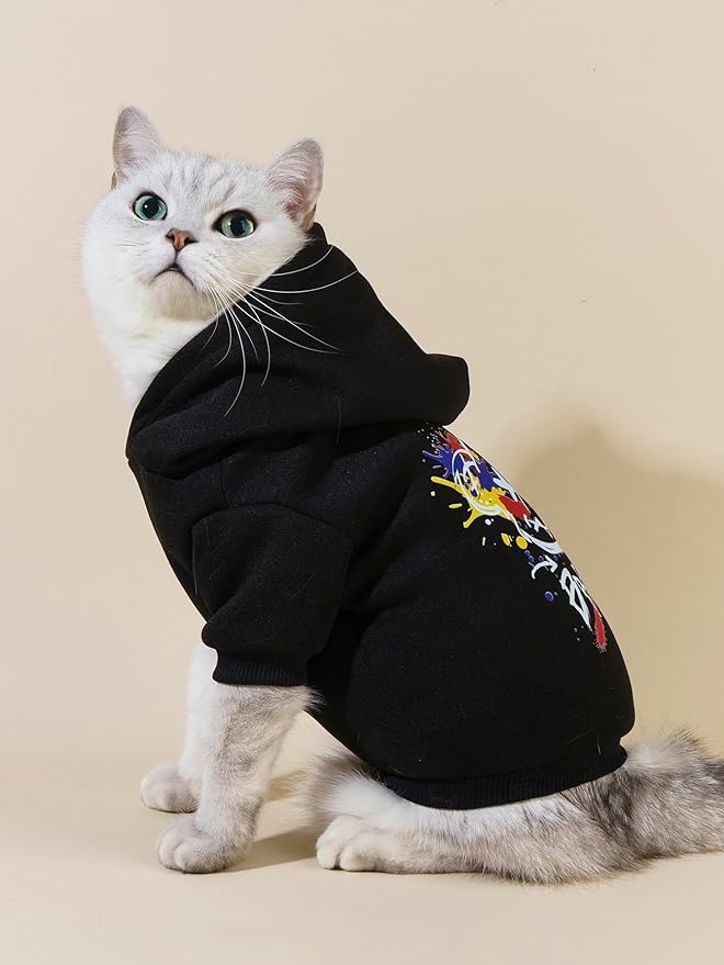 QWINEE Cartoon Bear Print Cat Hoodie Breathable Stretchy Sweatshirts with Hat Warm Cat Clothes for Small Medium Large Cats Dogs Multicolor S