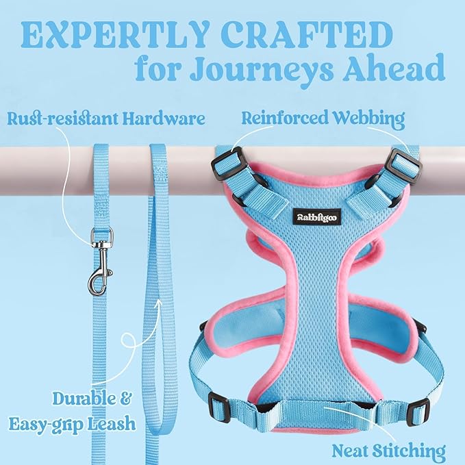 rabbitgoo Cat Harness and Leash for Walking, Escape Proof Soft Adjustable Vest Harnesses for Cats, Easy Control Breathable Reflective Strips Jacket, Light Blue&Pink, XXS