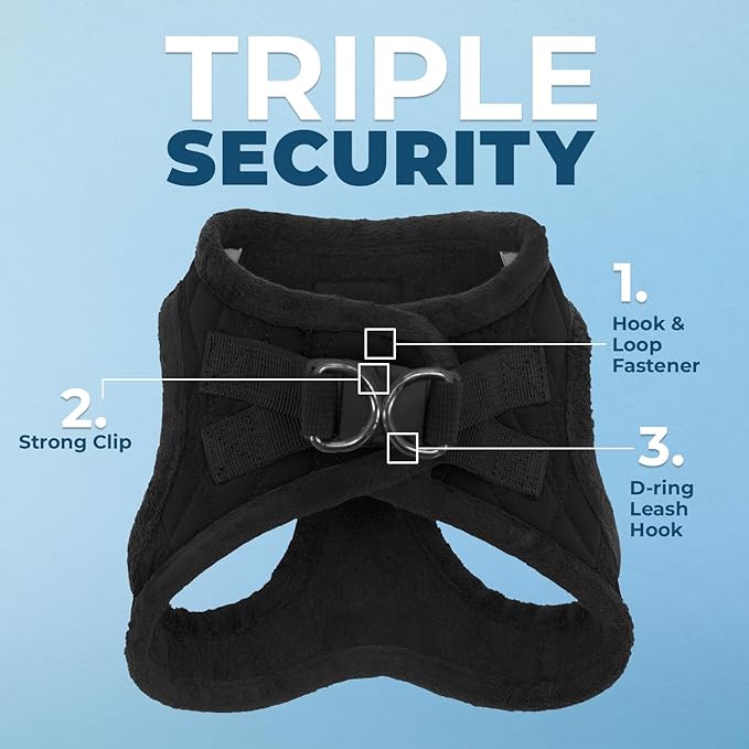 Best Pet Supplies - All Weather Plush, Reflective, No Pull Harness for Small, Medium Dogs, Cats - Secure with Hook & Loop Fastener, Buckle, Double D-Rings - Black Plush, XL