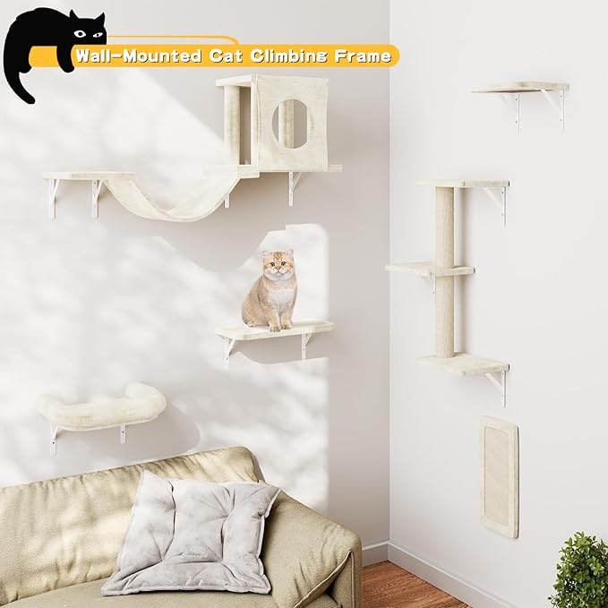 NUNU LAB Wall Mounted Cat Furniture Set - 6 Pcs Climber Set with House, Bridge, Steps, Scratcher Board - DIY Walls Playground, Indoor Cat Shelves - White