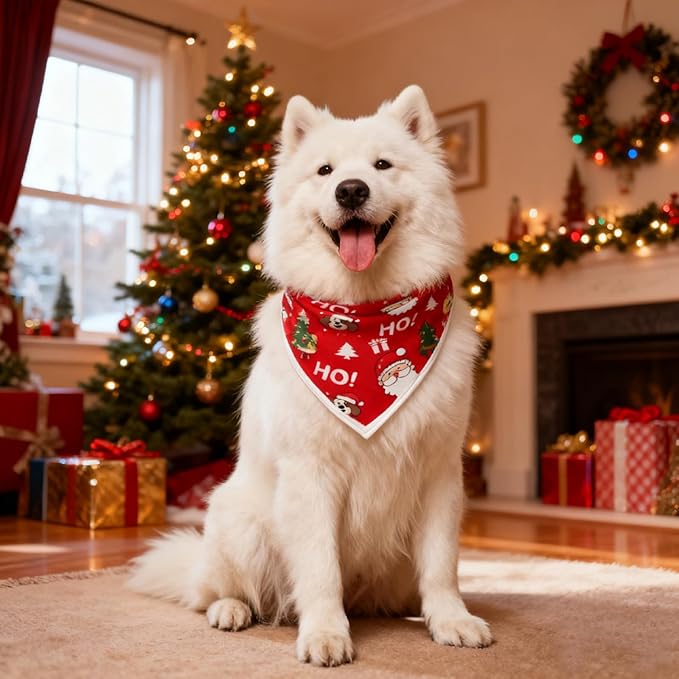 Christmas Dog Bandanas Santa Claus Dogs Scarf for Boy and Girl,Reflective Dog Bandana for Night Safety,Adjustable Cat Dogs Triangle Pet Scarves for Small Dogs,Red,S