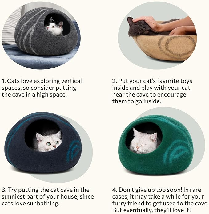 MEOWFIA Cat Cave – Premium Felt Cat Bed for Indoor Cats, Handmade Merino Wool (Beige, Medium)