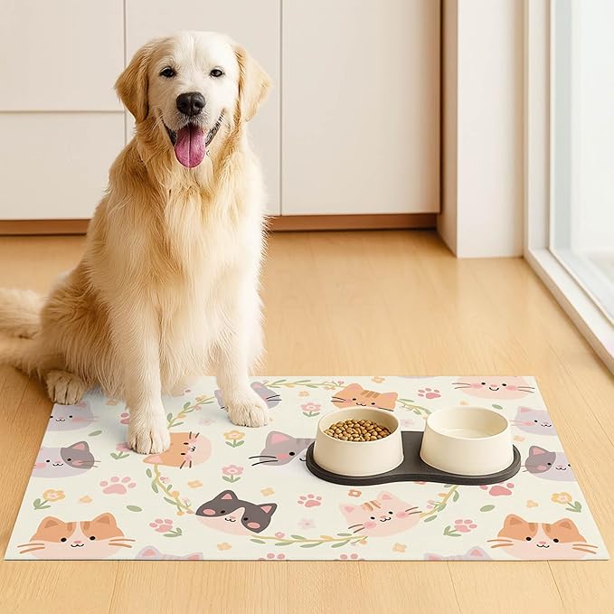 Cat Feeding Mat 24x16 inch Floral Ring Kitten Print Pet Bowl Placemat Non Slip Floor Mat for Food and Water Indoor Kitty Feeding Station Cute Meal Pad for Small Pets Kitchen Use