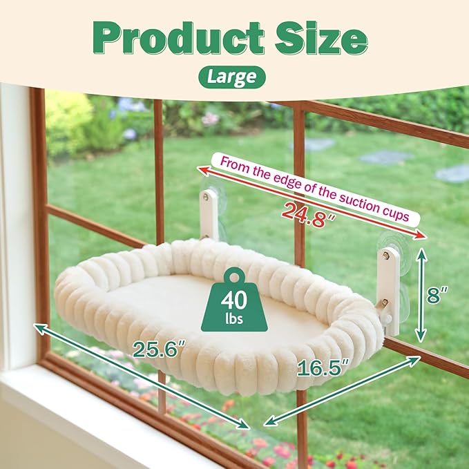 Zakkart SnugCloud Foldable Cat Window Perch - Cordless, Ultra Soft Machine Washable Bed with 4-Sided Bolster, Metal Frame - Window Hammock for Large Cats and Kittens (Cream White, Large)
