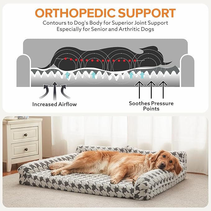 FURTIME Orthopedic Dog Beds Large Sized Dog, XXL Washable Memory Foam Pet Couch Bed with Removable Washable Cover, Non-Slip Bottom with Bolster Sides, Grey