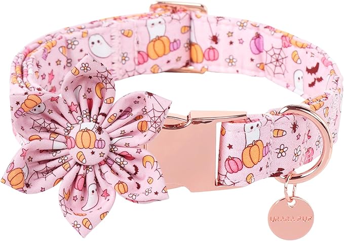 Halloween Dog Collar With Flower, Pink Puppy Collar With Adjustable Metal Buckle, Fancy Bowtie Gift for Girl Boy Dog, L