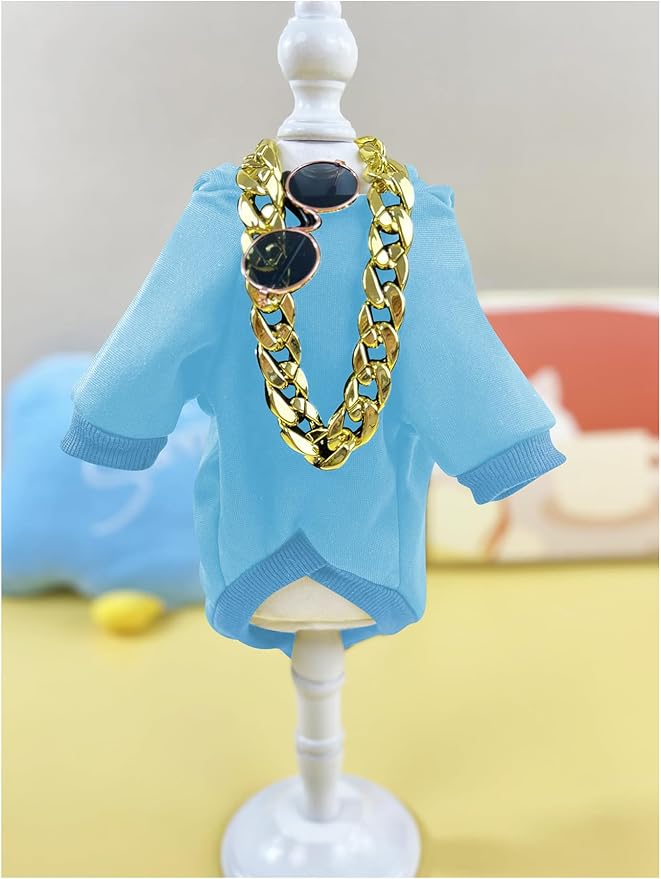 QWINEE 3Pcs Dog Hoodie Cat Apparel Dog Custume Set with Necklace and Sunglasses Pet Clothes for Puppy Small Medium Dogs Cats Light Blue Large