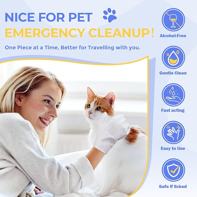 Pet Cleaning Glove Wipes for Dogs & Cats, Hypoallergenic Deodorizing Disposable No-Rinse Grooming Wipes, Wipes, Perfect for Pet Dry Cleaning, Daily Care and Travel, Coconut Scent, 8 pcs