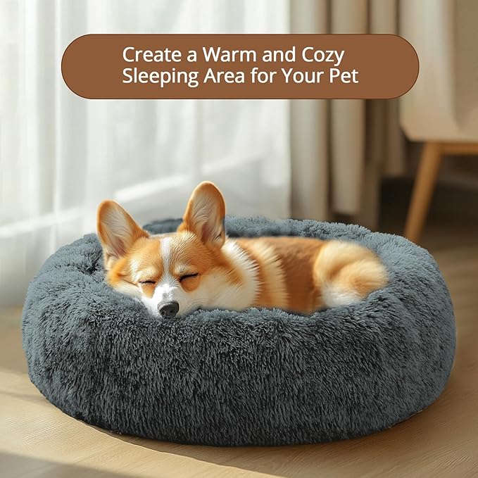 JOLLYVOGUE Calming Dog Bed Medium Size Dog, Anti-Anxiety Donut Medium Pet Bed, 27 inches Fluffy Faux Fur Round Cat Bed (Navy Grey)