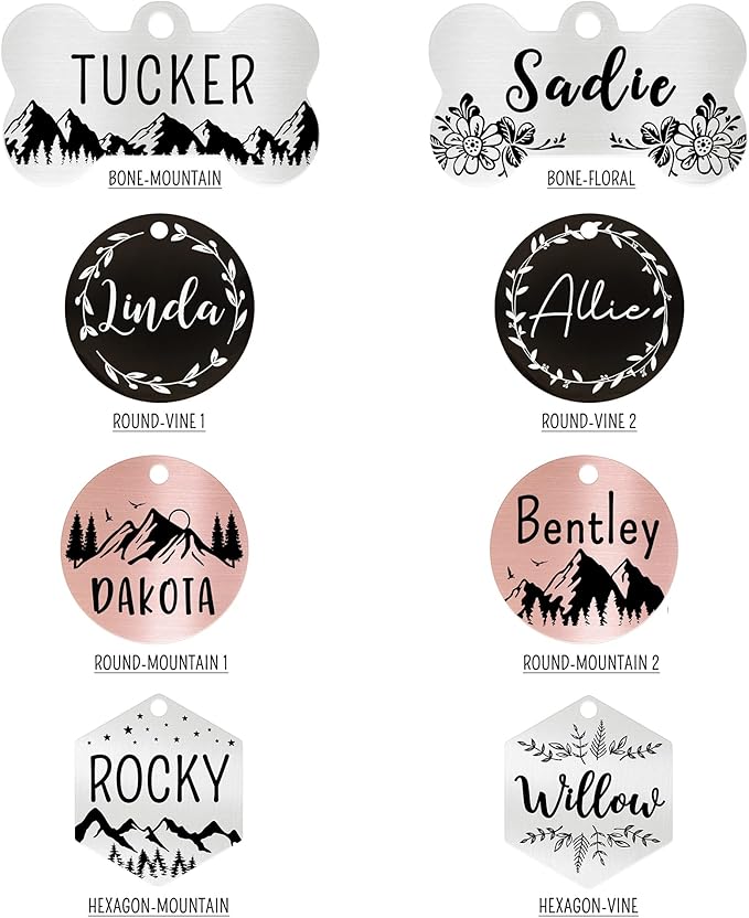 Ultra Joys Stainless Steel Pet ID Tag Dog Name Tags Personalized Front and Back Engraving, Customized Dog Tags and Cat Tag, Optional Engraved on Both Sides, Bone Tag Floral Design, Rose Large
