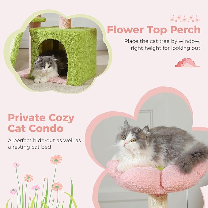 PETEPELA Flower Cat Tree for Indoor Cats, 32'' Small Cat Tower Cat Condo with Sisal Scratching Ramp, Cozy Hammock and Removable Flower Bed Perch for Kittens, Pink