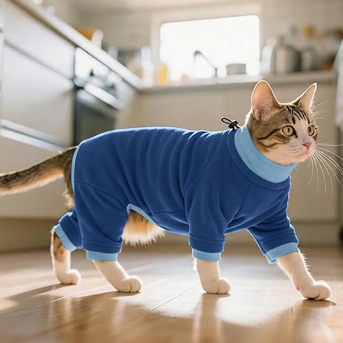 PUMYPOREITY Cat Hair Sticky Sweater, Recovery Suit - Breathable & Lightweight for Post-Surgery Protection, Cat Onsie Prevents Licking Wounds, Blue, 2XL
