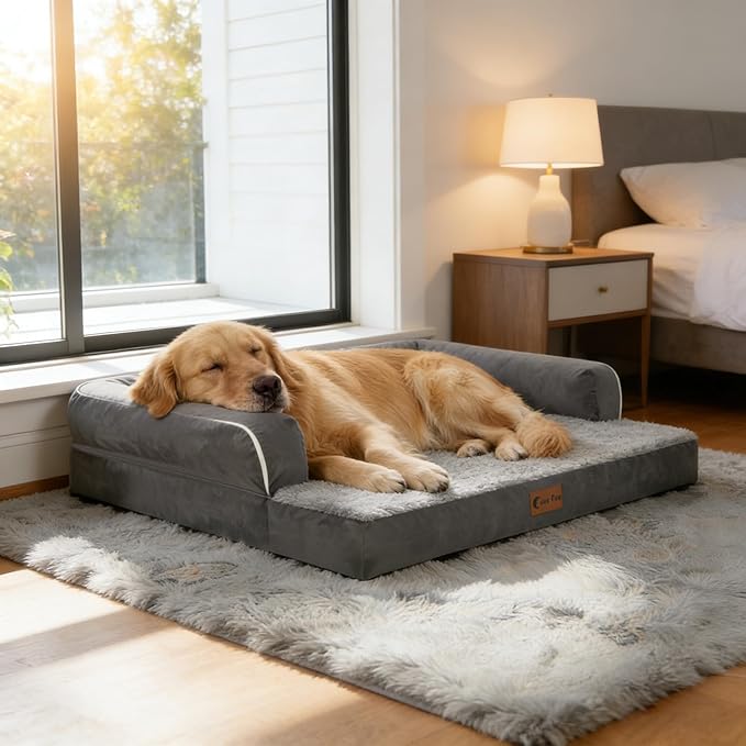 Orthopedic Dog Beds for Large Sized Dogs, Waterproof Egg Crate Foam Large Dog Couch Beds with Comfy Bolster 36x27Inch, Washable Pet Beds with Removable Cover and Nonskid Bottom, Dark Grey