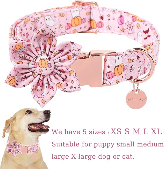 Halloween Dog Collar With Flower, Pink Puppy Collar With Adjustable Metal Buckle, Fancy Bowtie Gift for Girl Boy Dog, XS