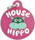 Bad Tags Personalized Dog and Cat ID Tags in 25+ Designs and 2 Sizes - 5 Lines of Custom Engraved Text - Funny Cute Personalized Pet Tags (House Hippo - Pink, Large (1.25 inch))
