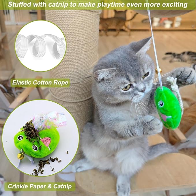 Interactive Cat Toy Wand with Catnip Mouse, Cat Teaser Wand Rainbow String for Bored Indoor Adult Cats and Kittens (8 Pack)