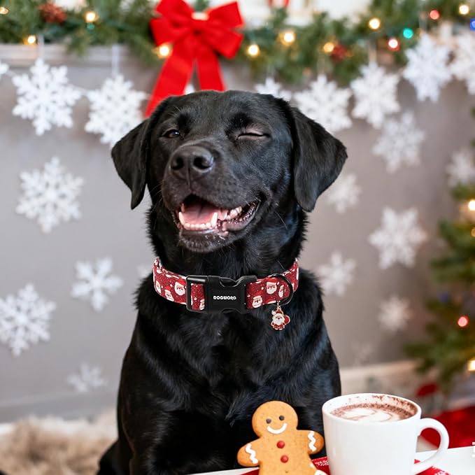 DOGWONG Christmas Dog Collar, Red Santa Claus Print Cute Dog Collars Winter Holiday Male Female Adjustable Dog Collar for Large Dogs