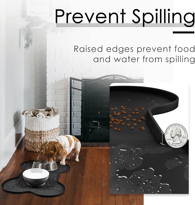 Super Design Dog Food Mat Dog Bowl Mat for Food and Water Silicone Non Spill Cat Feeding Mat Puppy Placemat Waterproof - 20.5" x 14.5", Black
