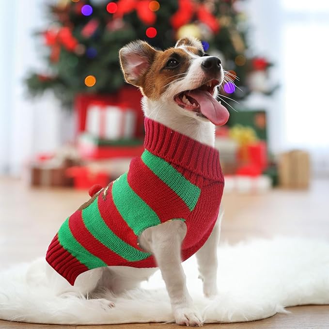 Dog Cat Christmas Sweater Boy Girl Ugly Reindeer Xmas Pet Clothes Holiday Puppy Costume New Year Gifts for Small Medium Large Dogs Outfits (L, Red Green Stripe Reindeer)
