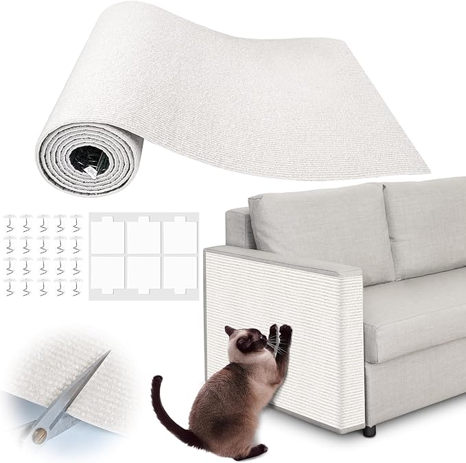 Cat Scratch Furniture Protector - 40" x 17" Trimmable Self-Adhesive Cats Claws Scratch Pads, DIY Cat Climbing Couch Protector for Scratch Post Cat Tree Replacement Indoor (Cream White)