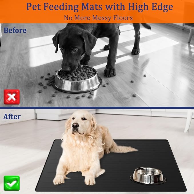 40"x30" XXL Silicone Dog Feeding Mat, 1.5MM Extra Thick Dog Bowl Mat for Food and Water, Large Non-Slip Placemat with High Edges for Dogs Bowls, Easy to Clean, Beige
