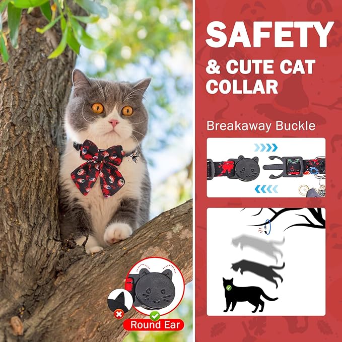 SCENEREAL Halloween Cat Collar with Bell & Stylish Bowtie, Bloody Pattern Breakaway Cat Collars Accessories for Boy Girl Small Cats, Holiday Fall Kitten Costumes for Female Male Pets