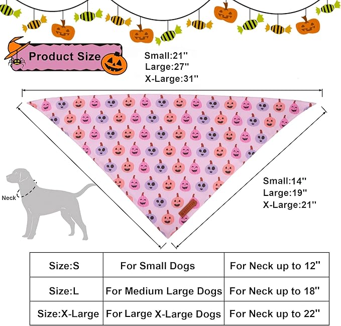 ADOGGYGO Pink Halloween Dog Bandanas 2 Pack, Reversible Ghost Pumpkin Scarf Bib, Adjustable Fit Pink Halloween Bandana for Medium Large Dogs Girl (Large)