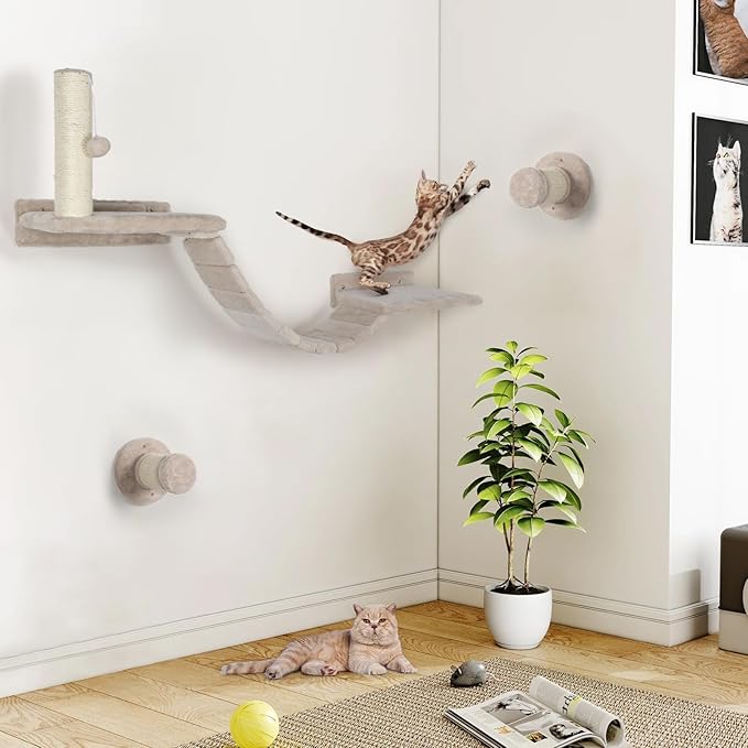Cat Wall Shelves Climber Systems, Set of 7 Heavy Duty Wall-Mounted Cat Furniture Set with Scratcher Post, Bridge Ladder, Wooden Platform and Hanging Ball for Kittens, Large Cats