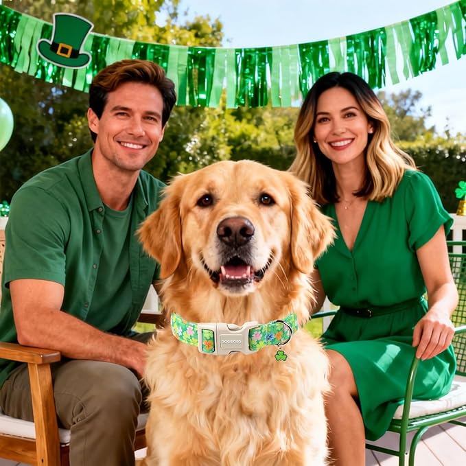 DOGWONG St. Patrick Dog Collar, Comfortable Adjustable Green Clover Pattern Dog Collar for Meidum Large Male Female Dogs,M