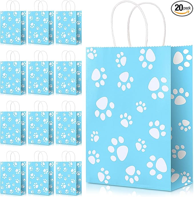 Blulu 20 Pcs Puppy Dog Paw Gift Bags with Paper Twist Handles, Dog Gift Paper Paw Treat Goodie Bags for PET Treat Party Favor, 6.3 x 3.1 x 8.6 Inch(Blue Backing)
