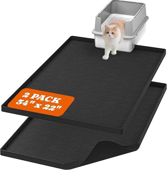 Cat Litter Mat, Large 34" x 22" Litter Box Mat, 2 Packs Cat Litter Box Mat, Non-Slip Kitty Litter Mat for Floor, Easy to Clean, Waterproof & Urine-Proof Cat Litter Mat Litter Trapping Mat, Black