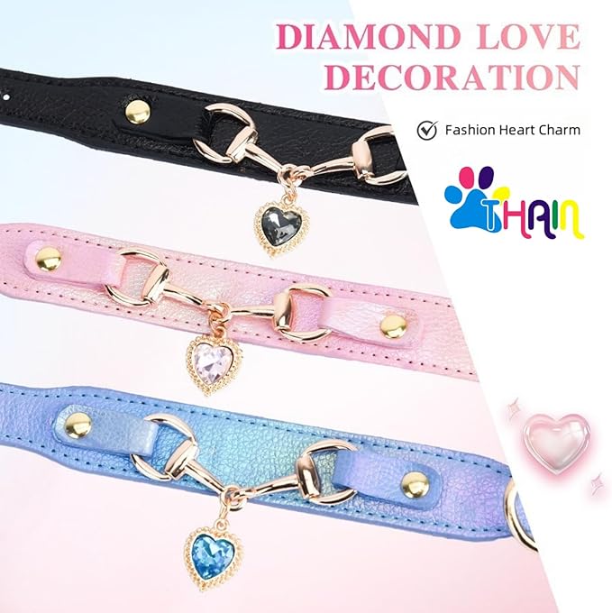 THAIN Fashion Dog Collar with Bling Diamonds & Heart Charm – 5 Holes Adjustable PU Leather Rhinestones Necklace Collar, Gold Buckle for Small Dogs Girl boy (Blue, XS)