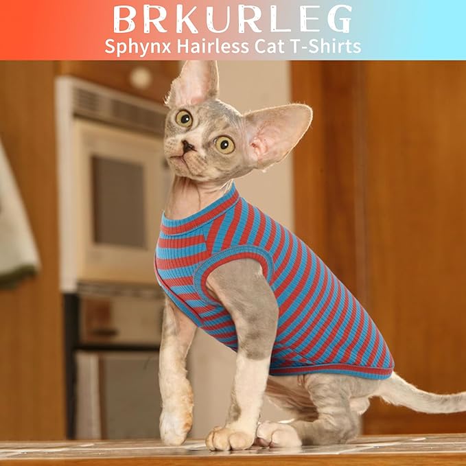 BRKURLEG Hairless Cats T Shirt, Cat Sweaters, Pullover Kitten Shirts, Sleeveless Round Collar Cotton Vest for Cornish Rex Devon Rex Peterbald and Small Dogs Sweater(OrangeBlue Stripes, L)