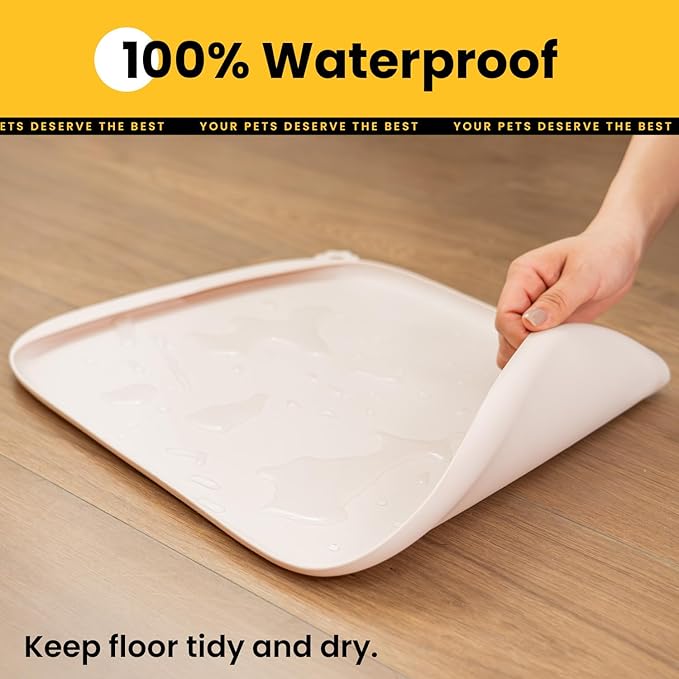 Silicone Dog Food Mat with Side Pocket & Hook Hole, Soft Raised Edges, Easy Clean Waterproof Non-Slip Pet Feeding Mat for Cats and Dogs Water Bowl, Pets Accessories(18"x12",Natural Tan)