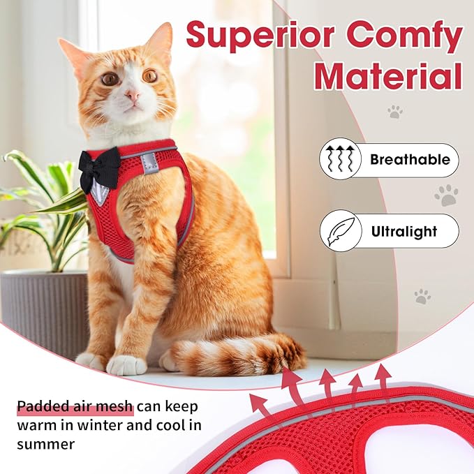 Cat Vest Harness and Leash Set for Walking, Escape Proof, Adjustable Kitten Harness, Breathable Mesh with Reflective Strips, Detective Conan-Inspired Design, Red, XS