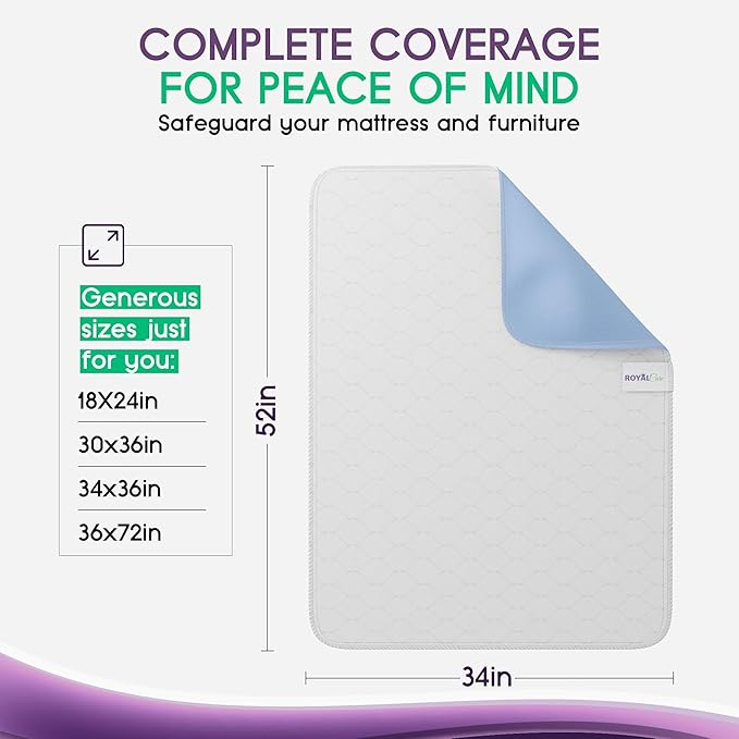 Incontinence Bed Pads - 2 Pack 34"x 52" Reusable Waterproof Mattress Protectors - Highly Absorbent, Machine Washable - for Children, Pets and Seniors - Blue - Royal Care
