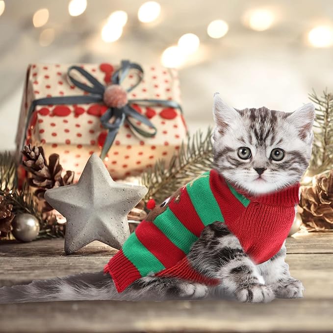Dog Cat Christmas Sweater Boy Girl Ugly Reindeer Xmas Pet Clothes Holiday Puppy Costume New Year Gifts for Small Medium Large Dogs Outfits (XXS, Red Green Stripe Reindeer)