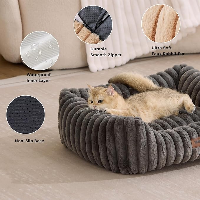 Small Dog Beds for Small Dogs - Washable Cat Beds for Indoor Cats, Rectangle Orthopedic Puppy Bed with Fluffy Removable Cover, 20x19x7inches, Grey