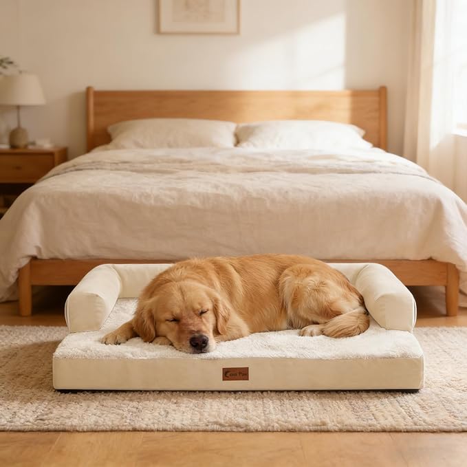 Orthopedic Dog Beds for Extra Large Dogs, Waterproof Egg Crate Foam XL Dog Bed with Sides 48x30Inch, Big Dogs Couch Beds with Removable Washable Cover and Nonskid Bottom, Beige