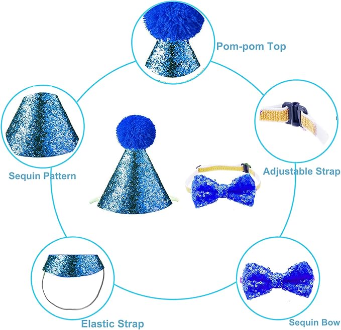 Christmas Pet Party Jazz Hat and Blingbling Bow Tie Breakaway Collar Set, Adjustable Headband for Kitten Puppy Small Dogs Cats (Royal+Red)