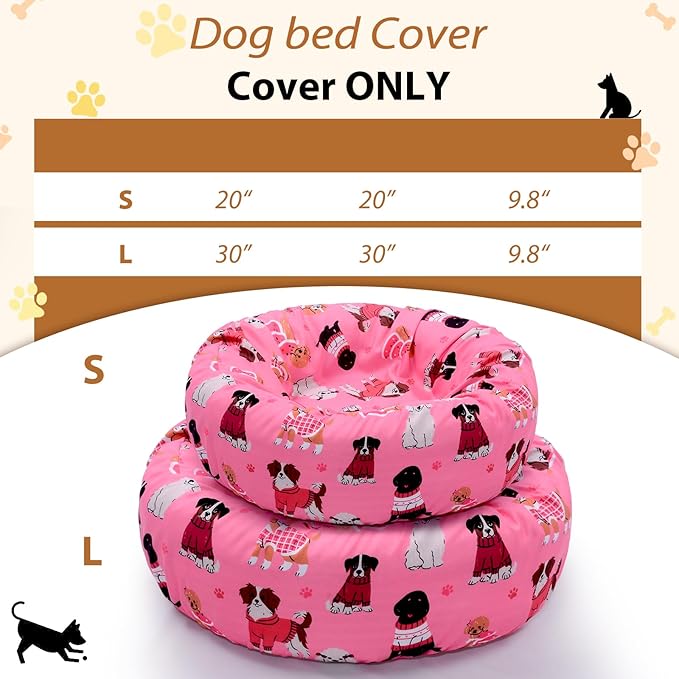 Round Replacement Dog Bed Covers Elastic Edged Washable Pet Bed Protector with Pink Dog Pattern Design for Small & Medium Pet Beds, Cover Only (Pink, 20 x 9.8 Inch)