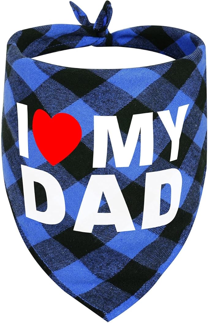 GreenJoy Cute Plaid Dog Bandana – Washable Pet Triangle Scarf for Small, Medium, Large Dogs and Cats, Adjustable Pet Accessory for Birthday, Wedding and Christmas (Blue (I Love My Dad), Medium)
