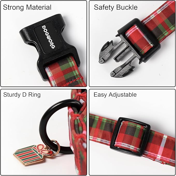 DOGWONG Christmas Plaid Dog Collar, Cute Adjustable Red Collar for Boy and Girl Dogs, Dog Collar with Strong Plastic Buckle for Small Medium Large Dogs,XL