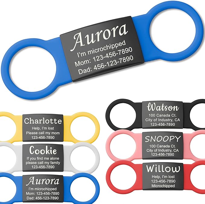Anavia Slide On Silent Pet ID Tags, S/M/L/XL Personalized Black Stainless Steel Colored Silicone Cat Dog Name Tag, Customized Engraved Nameplate, Quiet Chew-Proof Pet Collar Tag (Blue, X-Large)