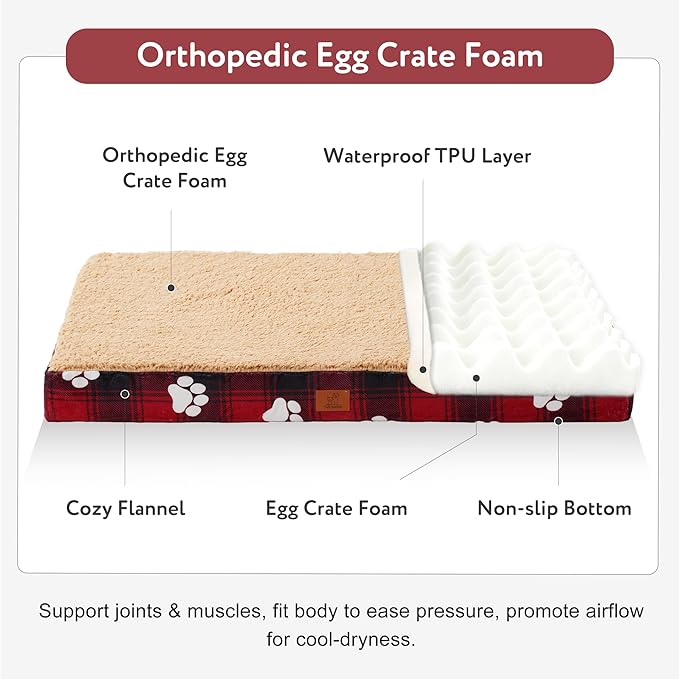 Waterproof Orthopedic Dog Bed for Large Medium Sized Dogs 35x22 Inch - Egg Crate Foam Pet Crate Bed with Removable Washable Cover, Plush Top Anti-Slip Bed Mat, Christmas Red