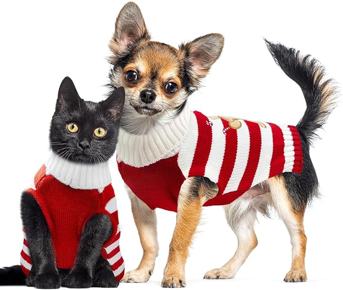 Dog Christmas Sweater Xmas Pet Clothes Cute Striped Gingerbread Man Costume Holiday Puppy Cat Jumpers Outfits New Year Gifts for Small Medium Large Dogs(Red Gingerbread Man,M)