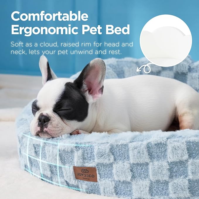 Joydeco Cloud Dog Bed for Small Dogs & Cats, Washable Pet Bed with Orthopedic Foam and Removable Checkered Plush Pad, Non-Slip Bottom for Indoor Puppies and Kittens, 22x20 Inch, Light Blue