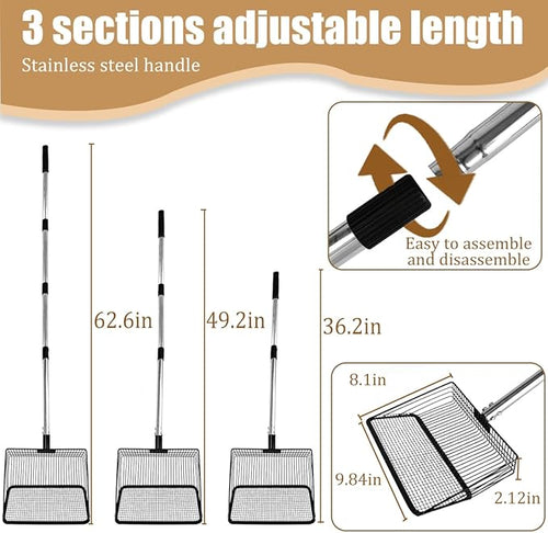 10inch Chicken Poop Scooper, Large Coop Litter Scoop with Stainless Steel Handle 4 in 1 Chicken Coop Pooper Shovel (36 to 63") Chicken Coop Accessories for Chicken Coop Cleaning